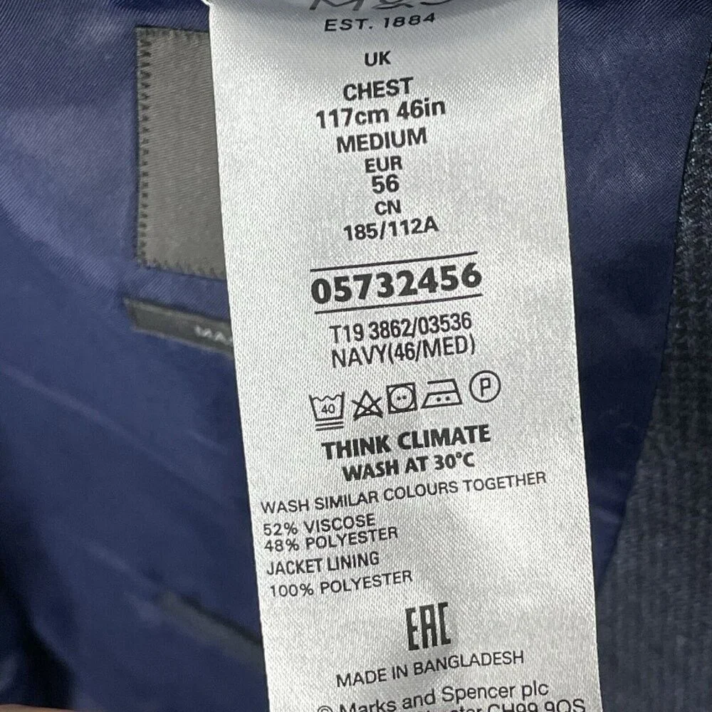 Marks & Spencer Black Blue Check Easy Care Sports Jacket Blazer Size 48